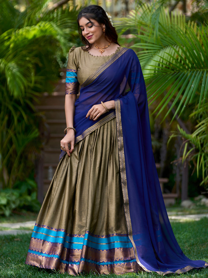 Olive Green Zari Weaving Cotton Traditional Half Saree Lehenga