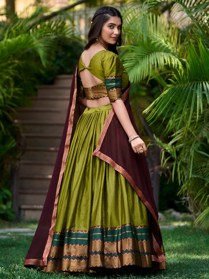 Green Zari Weaving Cotton Half Saree Lehenga