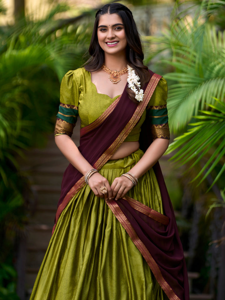 Green Zari Weaving Cotton Half Saree Lehenga