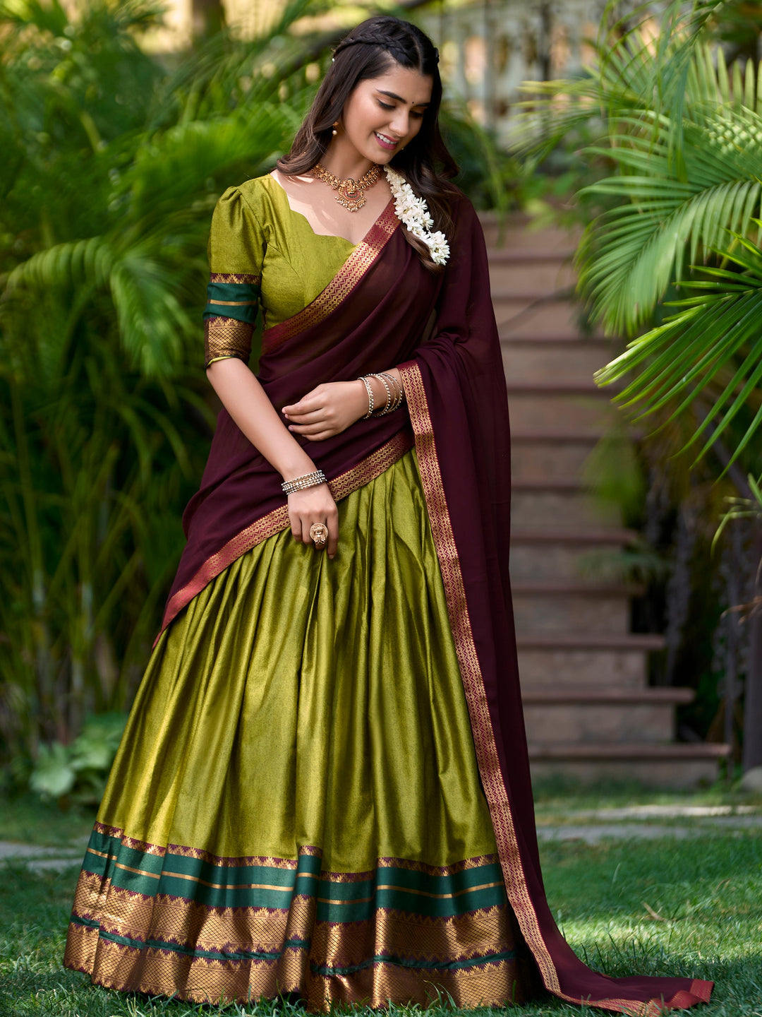 Green Zari Weaving Cotton Half Saree Lehenga