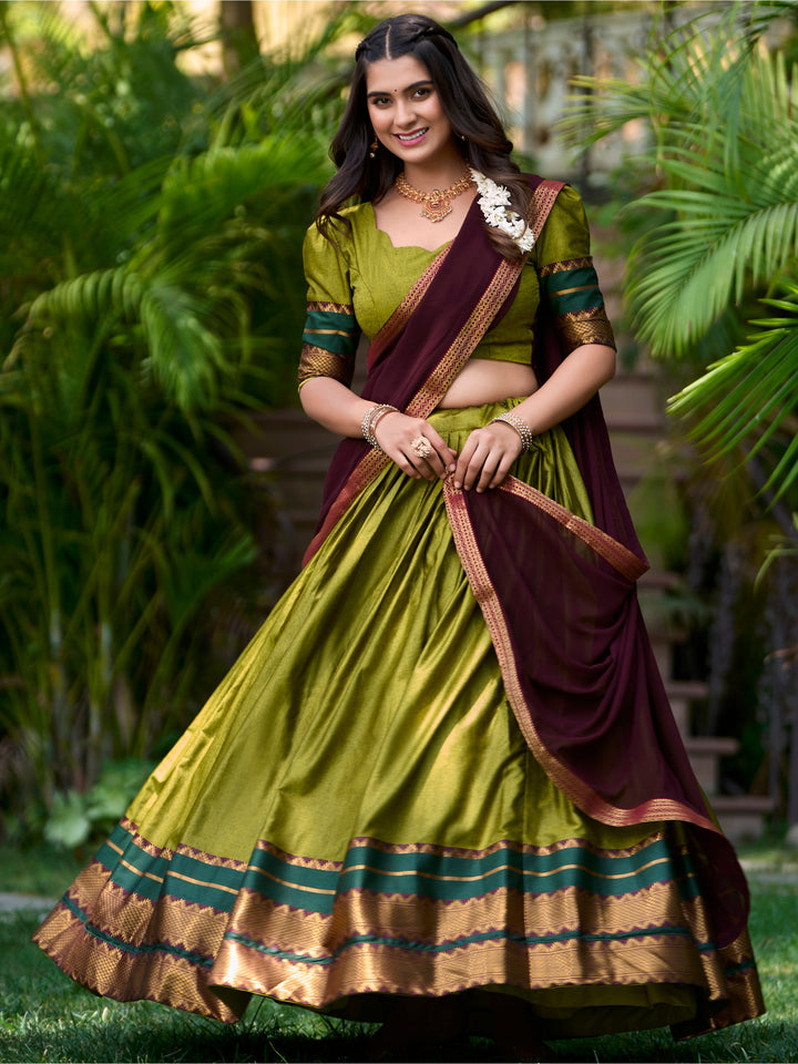 Green Zari Weaving Cotton Half Saree Lehenga