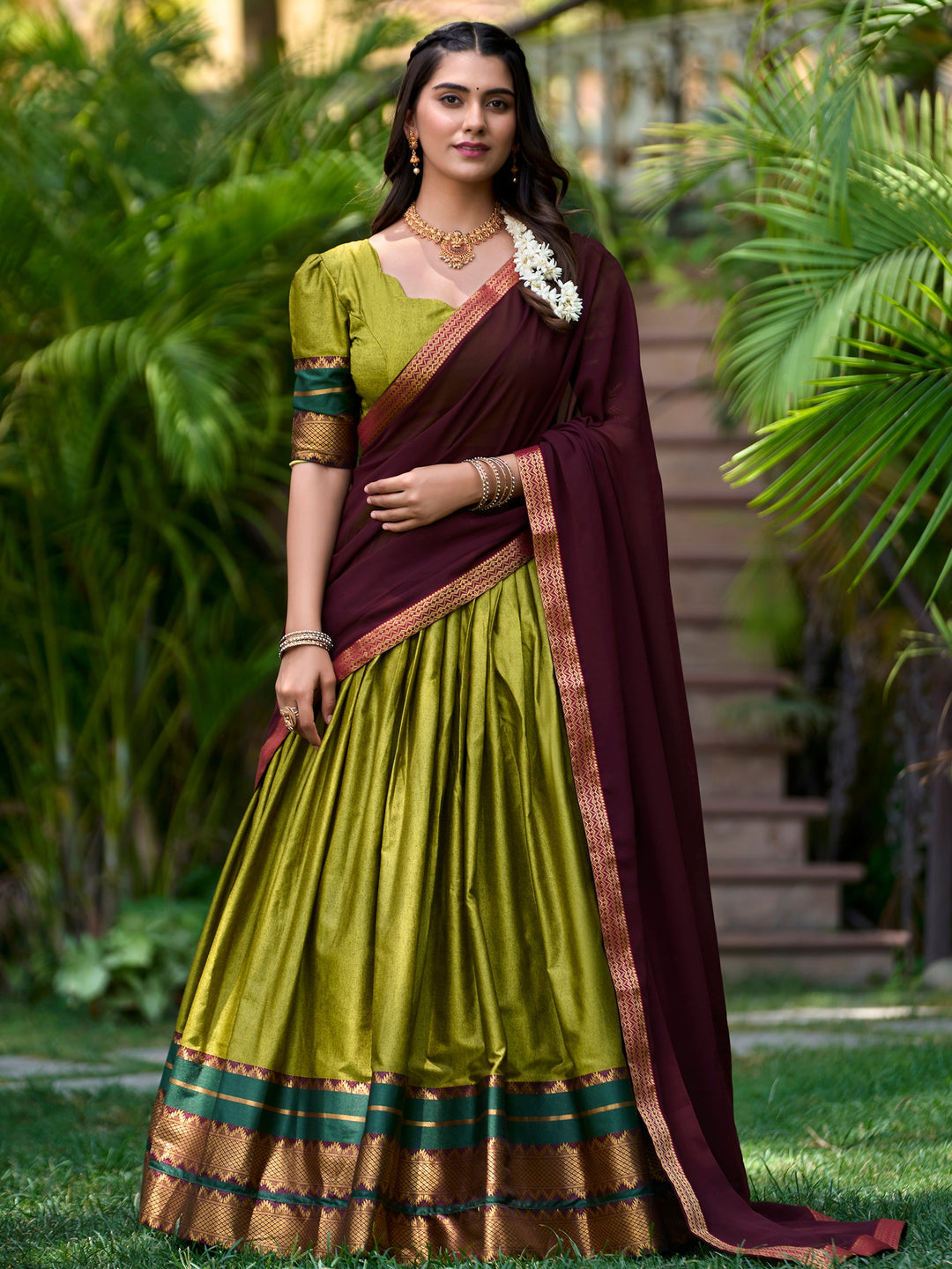 Green Zari Weaving Cotton Half Saree Lehenga