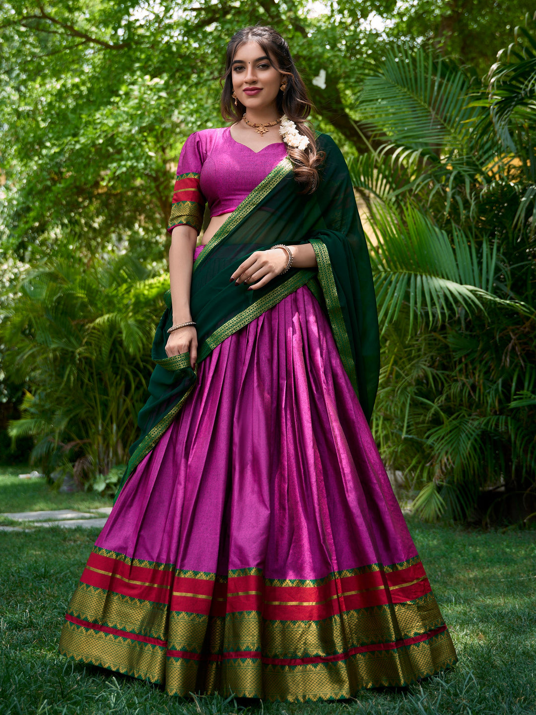 Purple Zari Weaving Cotton Festival Wear Half Saree Lehenga