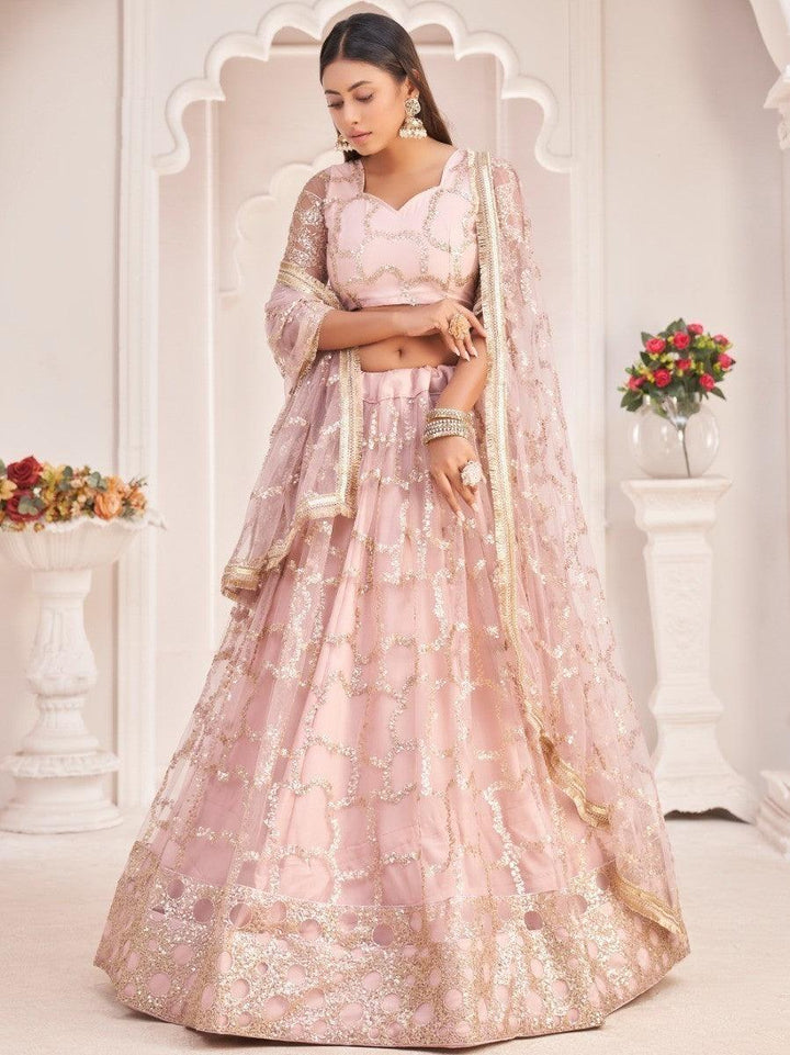 Light Pink Thread Embroidered Butterfly Net Lehenga Choli