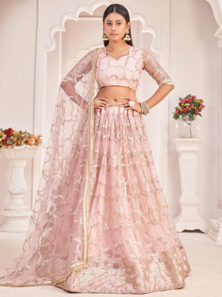 Light Pink Thread Embroidered Butterfly Net Lehenga Choli