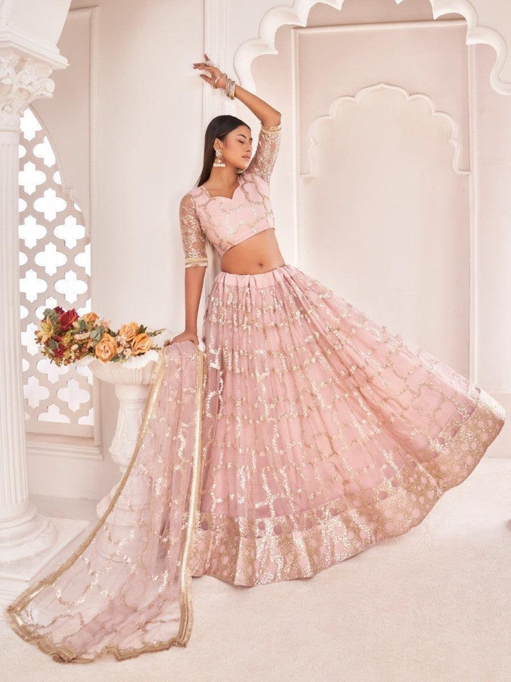 Awesome Light Pink Thread Embroidered Butterfly Net Lehenga Choli