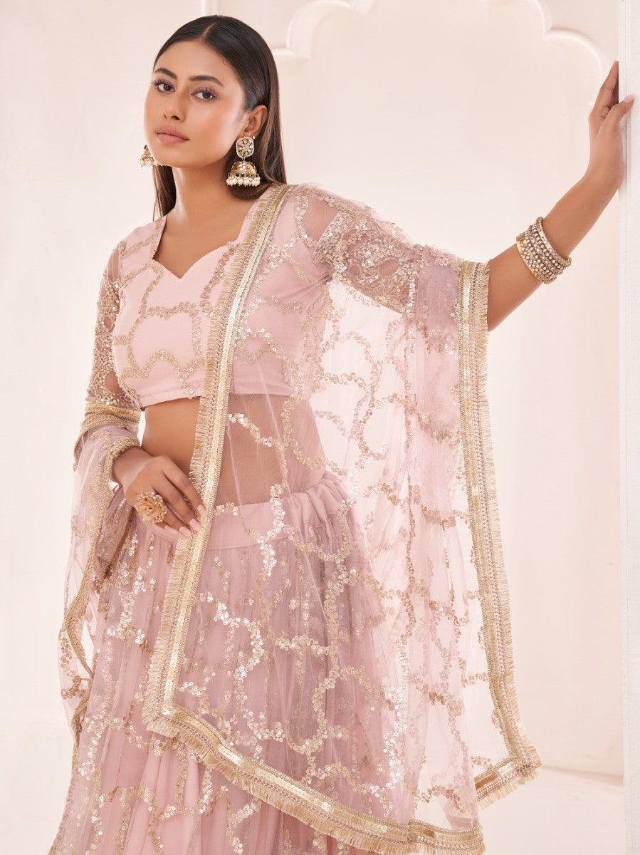 Light Pink Thread Embroidered Butterfly Net Lehenga Choli