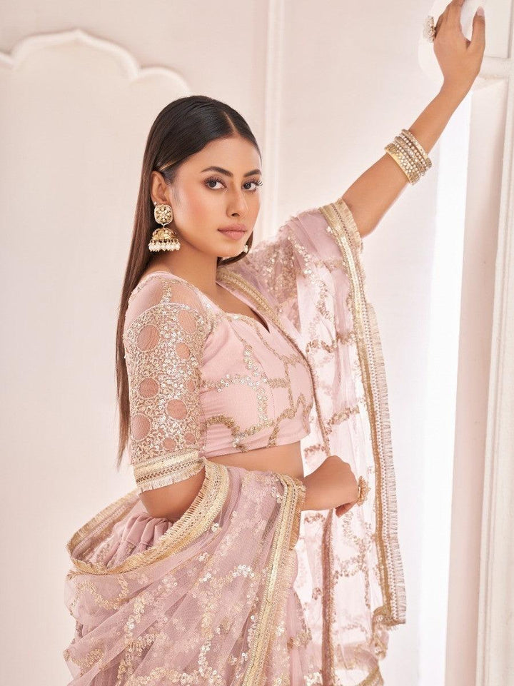 Awesome Light Pink Thread Embroidered Butterfly Net Lehenga Choli
