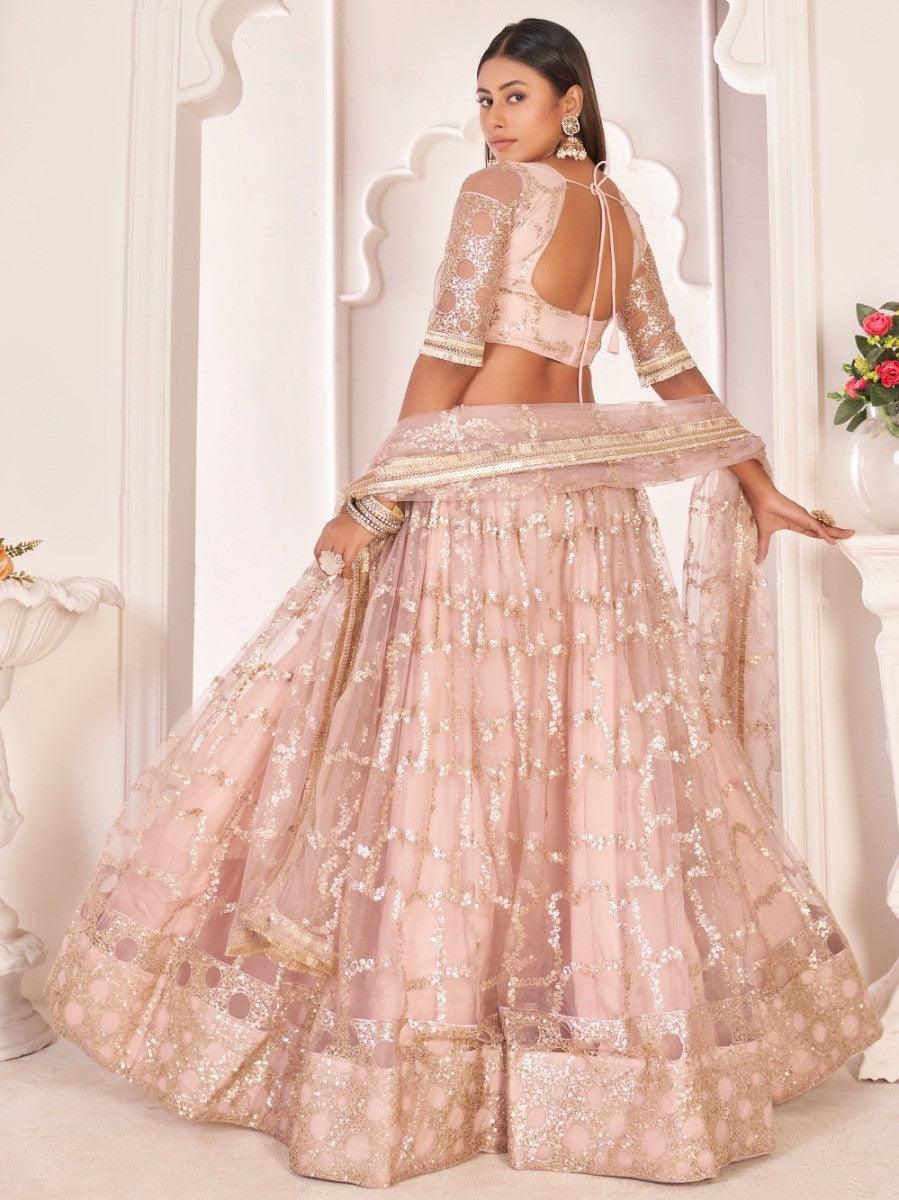 Awesome Light Pink Thread Embroidered Butterfly Net Lehenga Choli