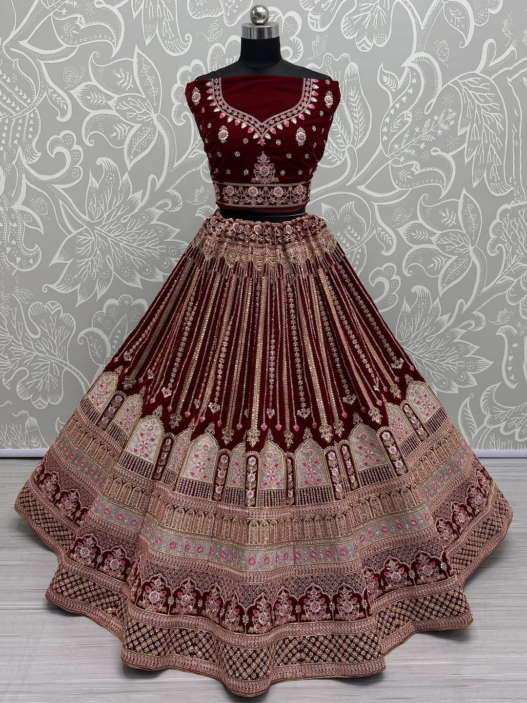 Red Embroidered Velvet Bridal Lehenga Choli