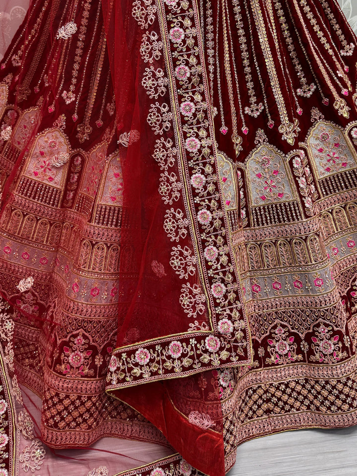 Red Embroidered Velvet Bridal Lehenga Choli
