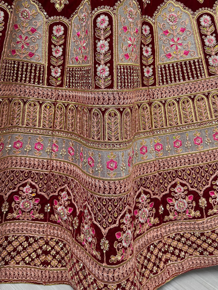 Red Embroidered Velvet Bridal Lehenga Choli