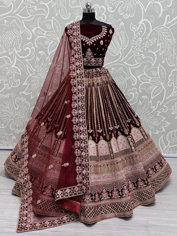 Maroon Embroidered Velvet Bridal Lehenga Choli With Dupatta