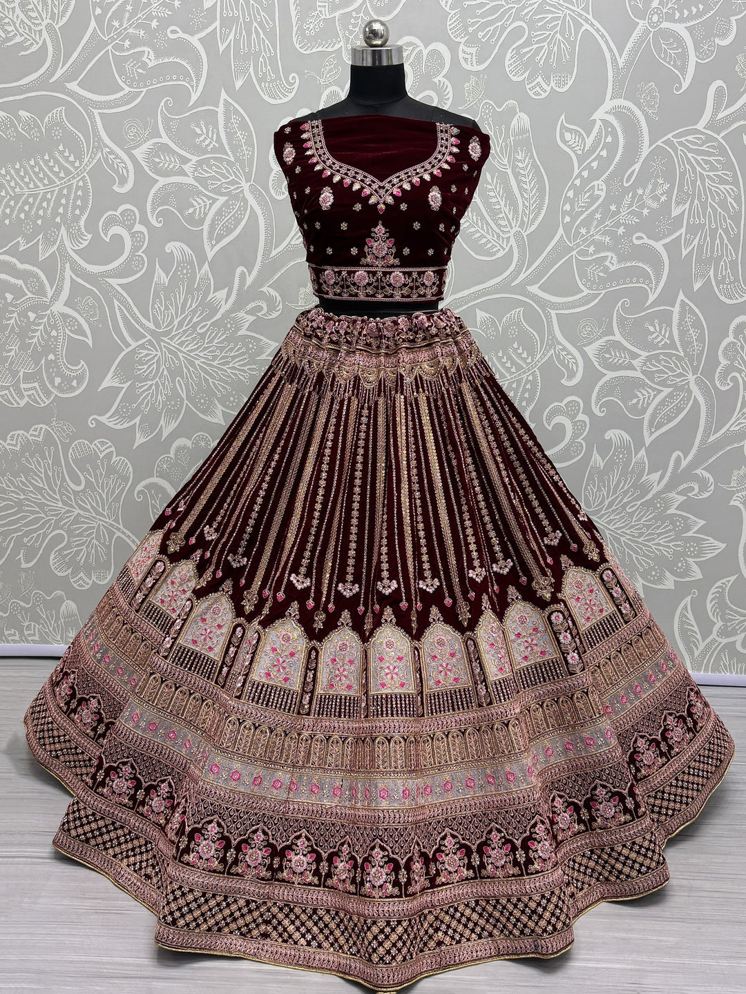 Maroon Embroidered Velvet Bridal Lehenga Choli With Dupatta