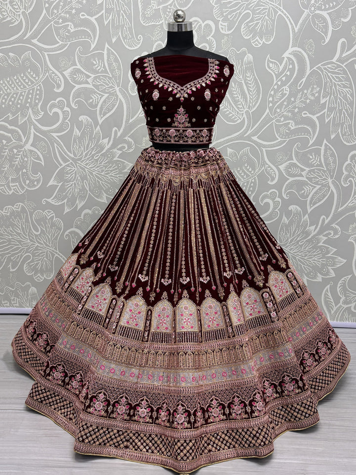 Maroon Embroidered Velvet Bridal Lehenga Choli With Dupatta