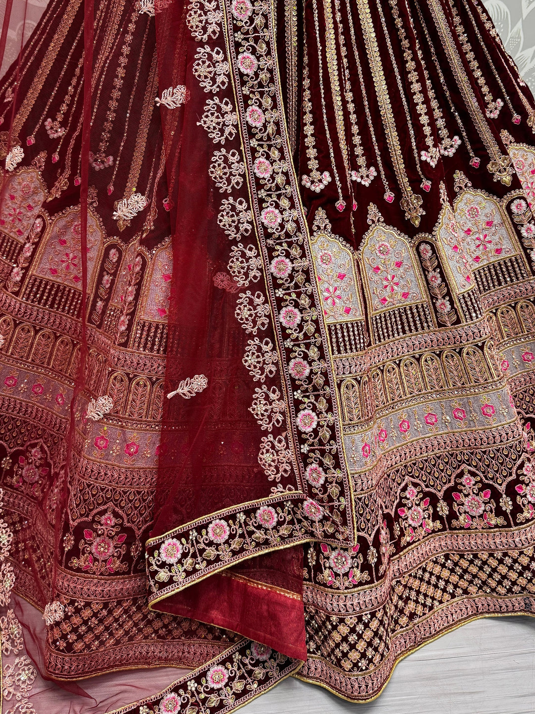 Maroon Embroidered Velvet Bridal Lehenga Choli With Dupatta
