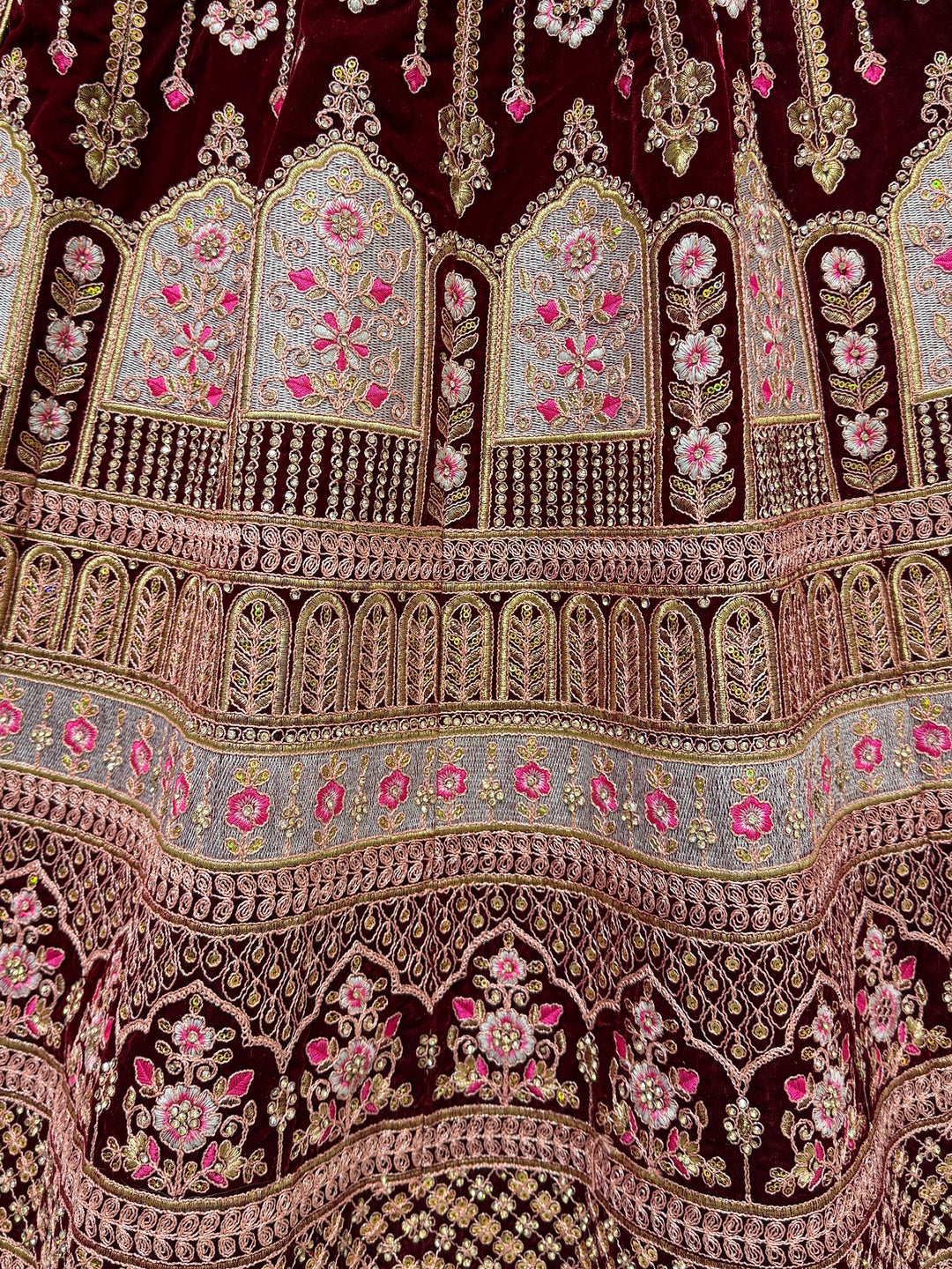 Maroon Embroidered Velvet Bridal Lehenga Choli With Dupatta