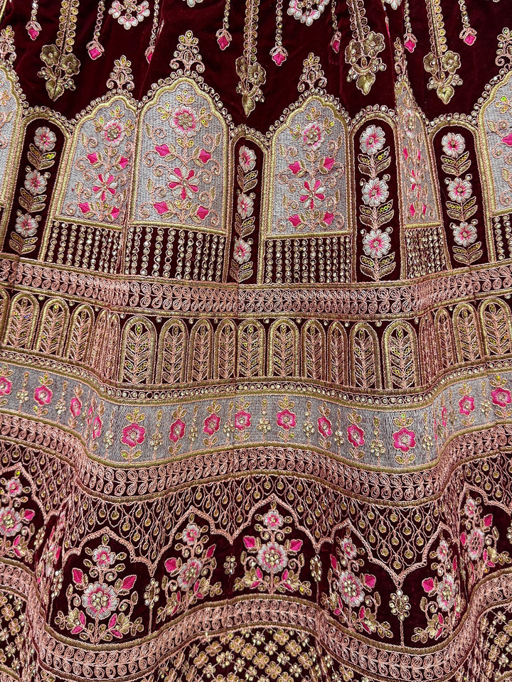 Maroon Embroidered Velvet Bridal Lehenga Choli With Dupatta