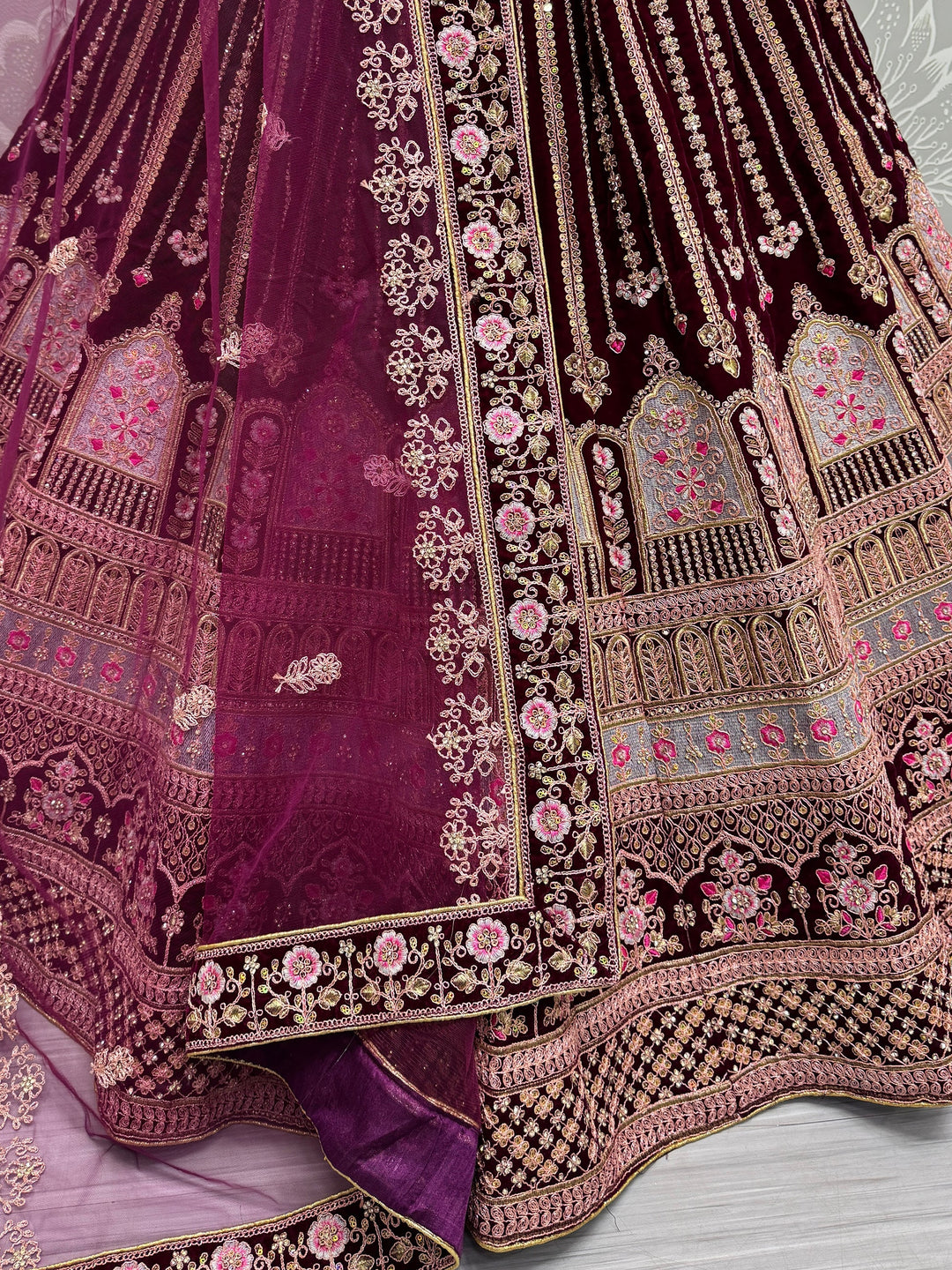 Wine Embroidered Velvet Bridal Lehenga Choli