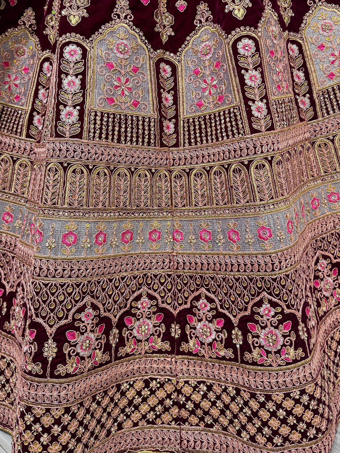 Wine Embroidered Velvet Bridal Lehenga Choli