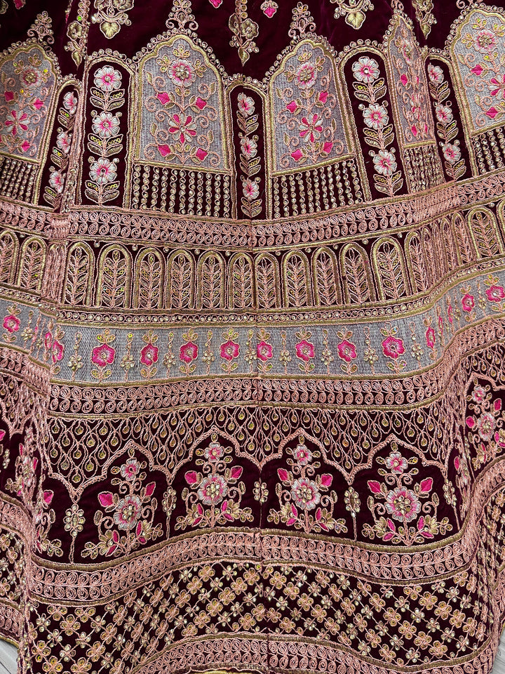 Wine Embroidered Velvet Bridal Lehenga Choli