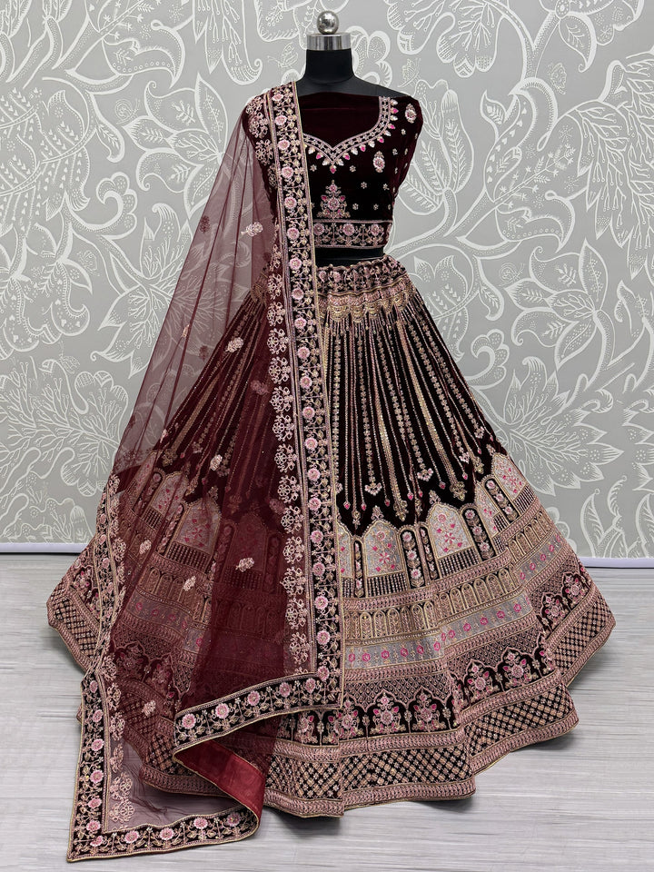Dark Maroon Embroidered Velvet Bridal Lehenga Choli With Dupatta