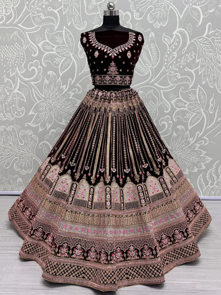 Dark Maroon Embroidered Velvet Bridal Lehenga Choli With Dupatta