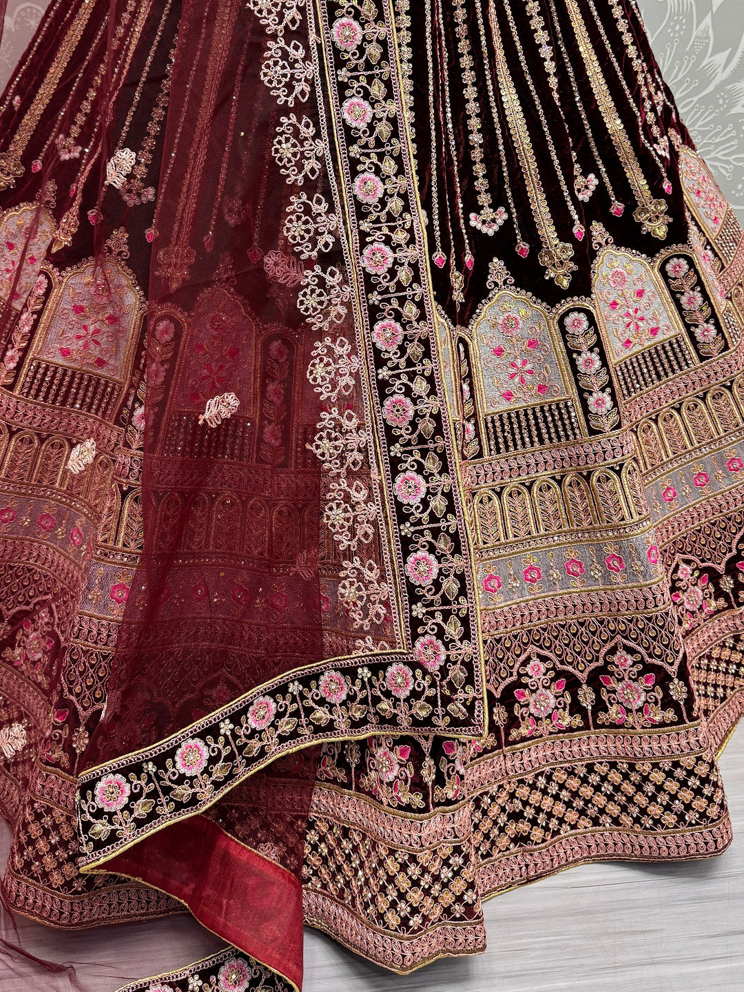 Dark Maroon Embroidered Velvet Bridal Lehenga Choli With Dupatta