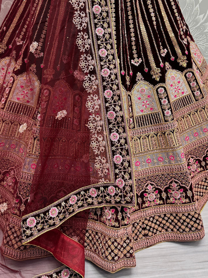 Dark Maroon Embroidered Velvet Bridal Lehenga Choli With Dupatta
