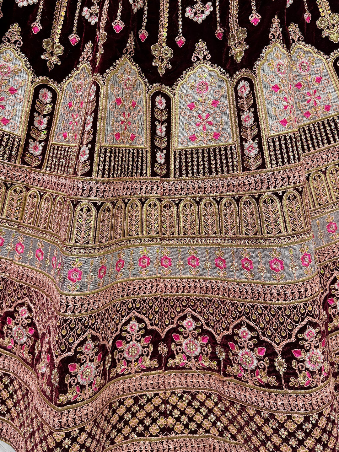 Dark Maroon Embroidered Velvet Bridal Lehenga Choli With Dupatta