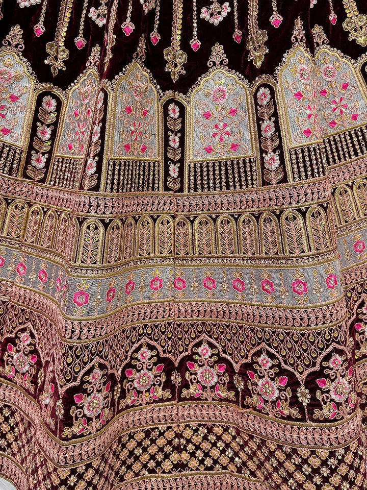 Dark Maroon Embroidered Velvet Bridal Lehenga Choli With Dupatta