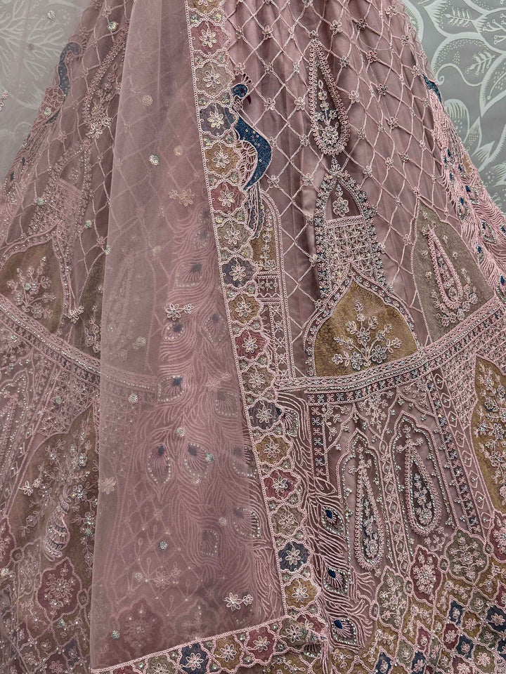 Peach Sequins Net Engagement Wear Lehenga Choli
