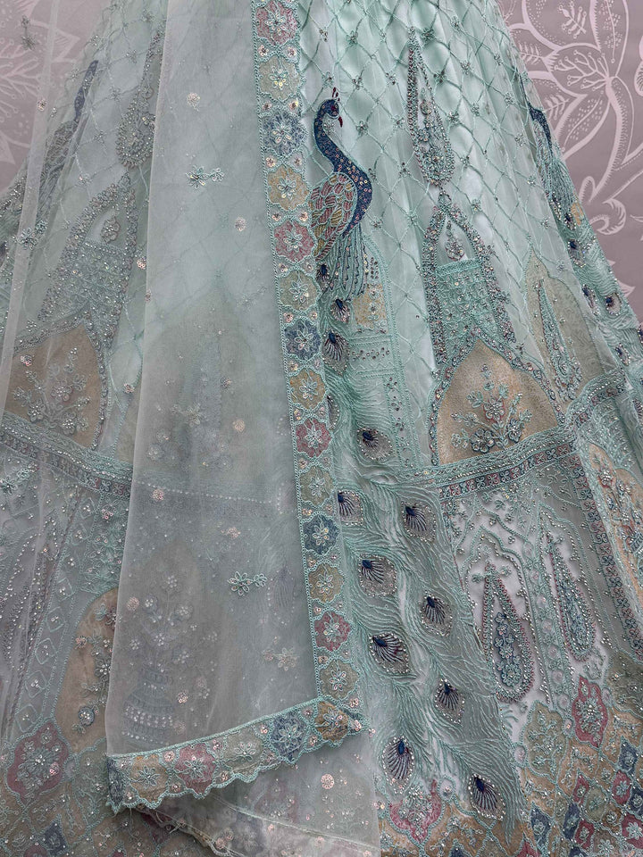 Sea Green Multi-Thread Work Net Lehenga Choli With Dupatta