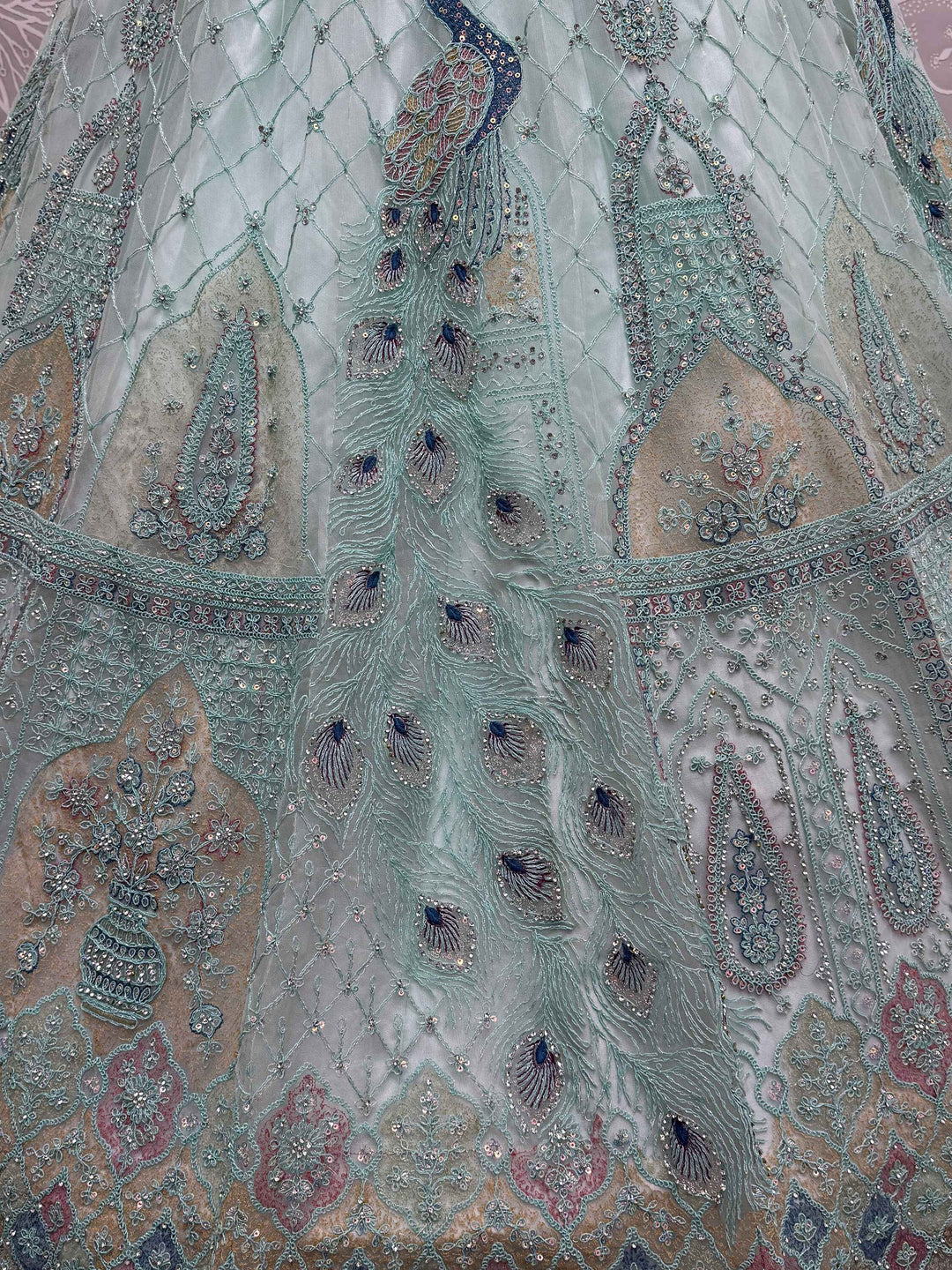 Sea Green Multi-Thread Work Net Lehenga Choli With Dupatta