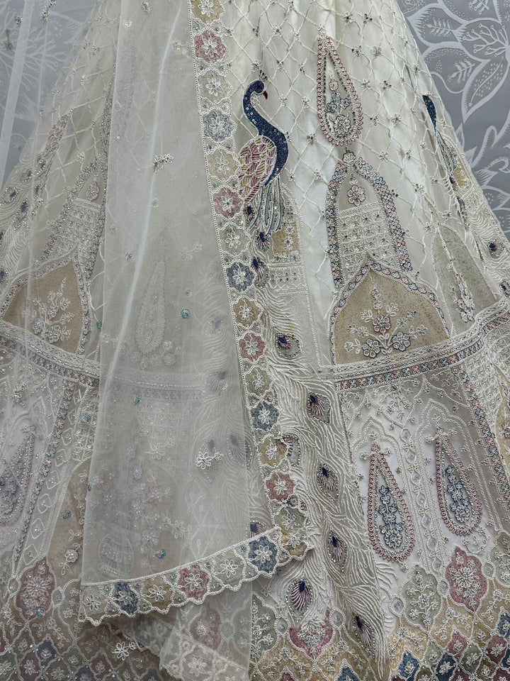 Off-White Sequins Net Wedding Lehenga Choli With Dupatta