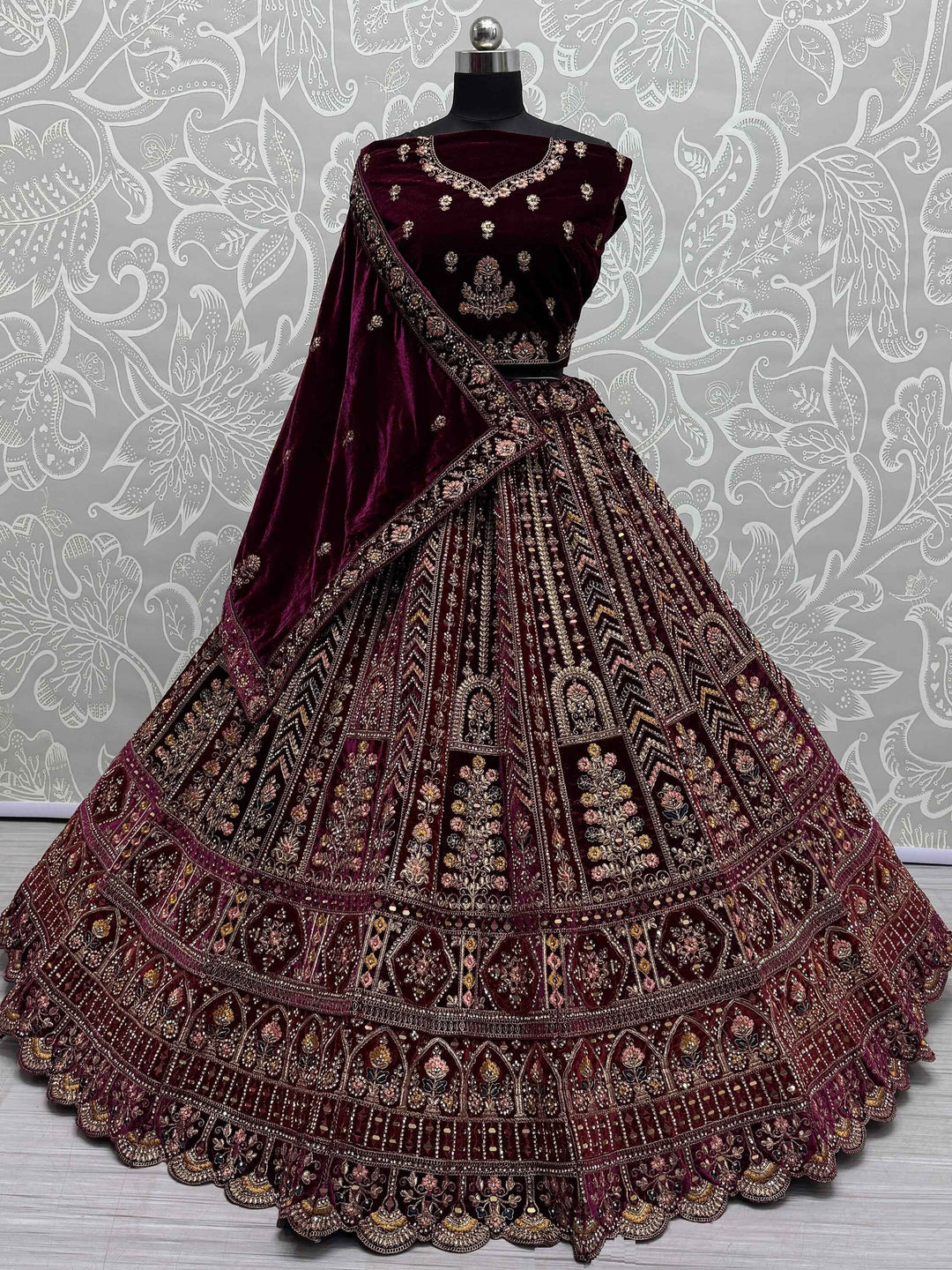 Delightful Maroon Velvet Bridal Lehenga Choli With Double Dupatta