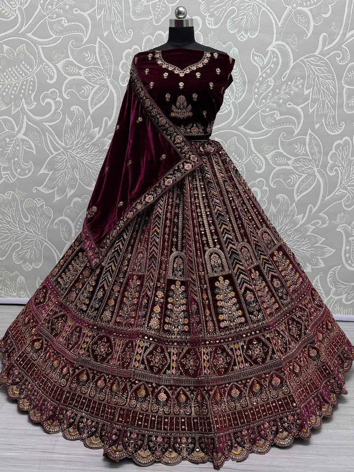 Maroon Velvet Bridal Lehenga Choli With Double Dupatta