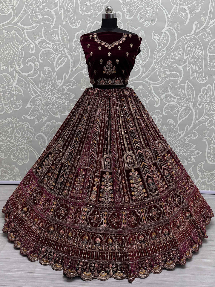 Delightful Maroon Velvet Bridal Lehenga Choli With Double Dupatta