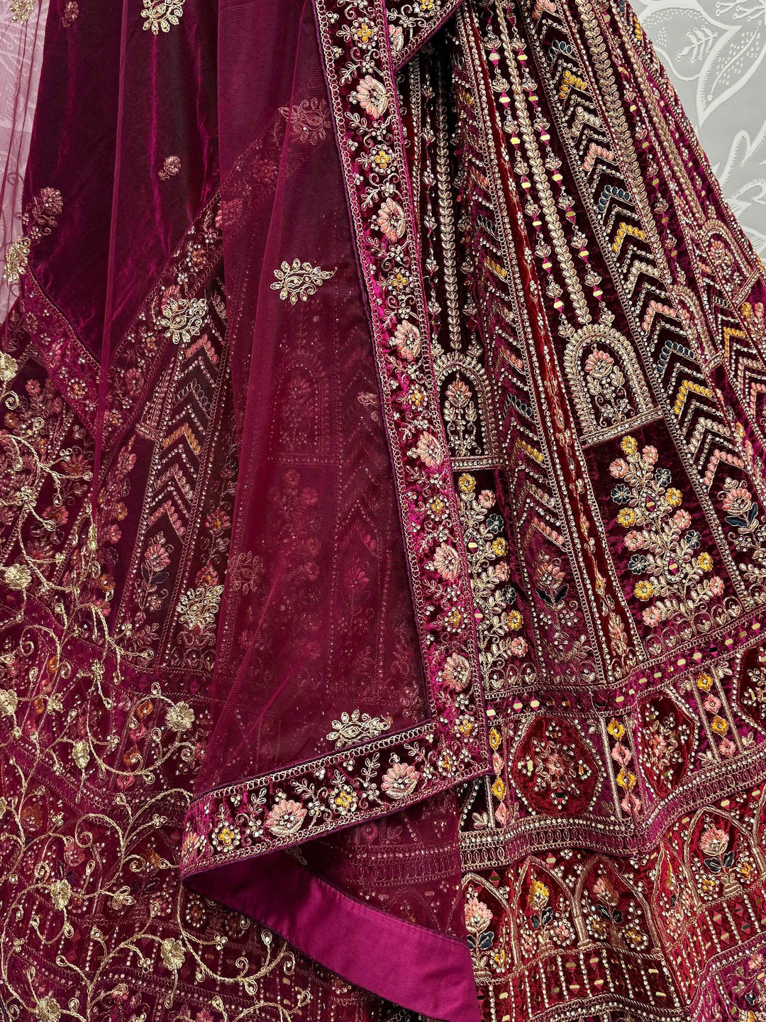 Maroon Velvet Bridal Lehenga Choli With Double Dupatta