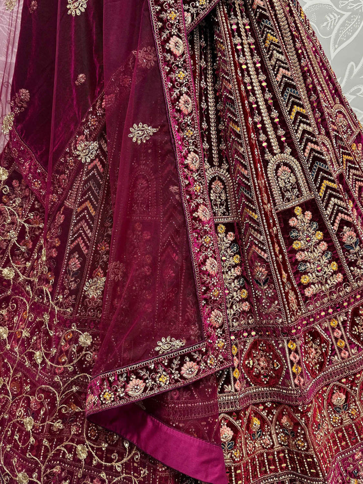 Maroon Velvet Bridal Lehenga Choli With Double Dupatta