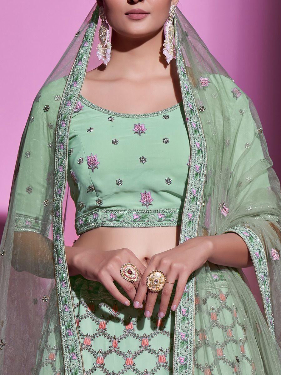 Pista Green Thread Georgette Wedding Wear Lehenga Choli