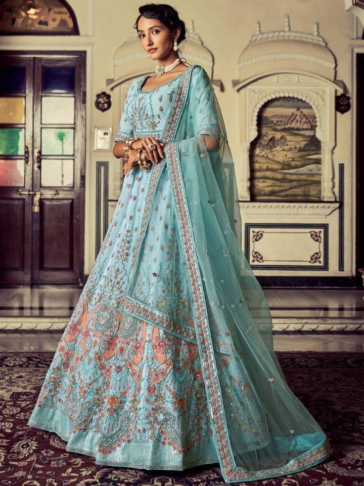 Turquoise Embroidered Georgette Wedding Lehenga Choli