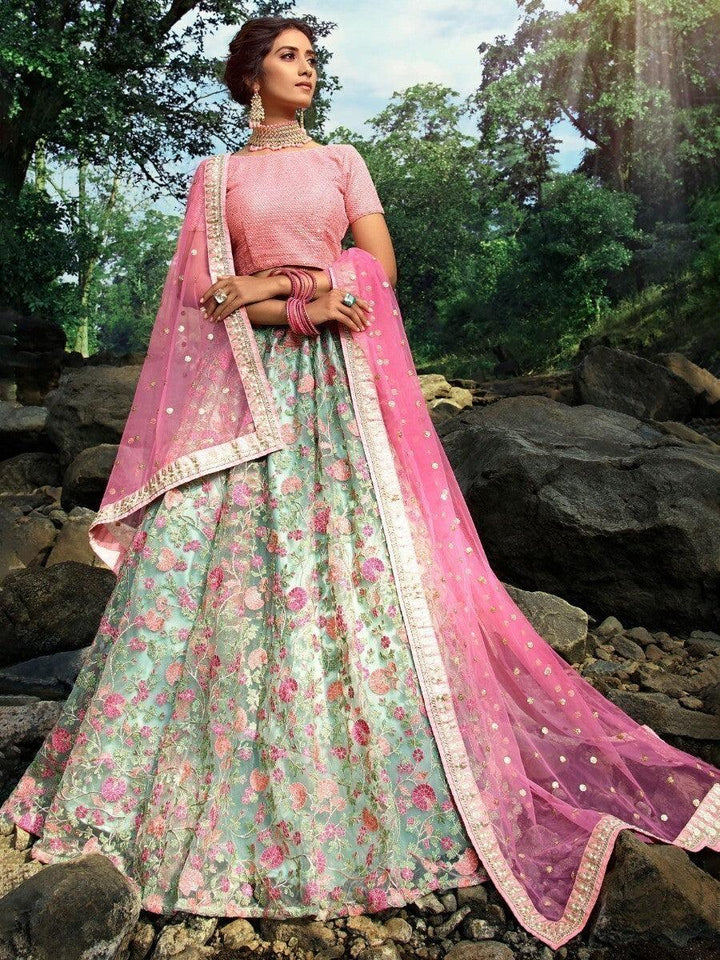Green Floral Thread Embroidered Net Wedding Wear Lehenga Choli