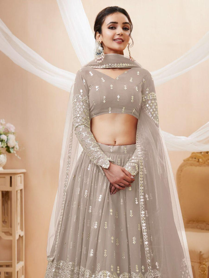 Fascinating Grey Sequins Georgette Reception Wear Lehenga Choli