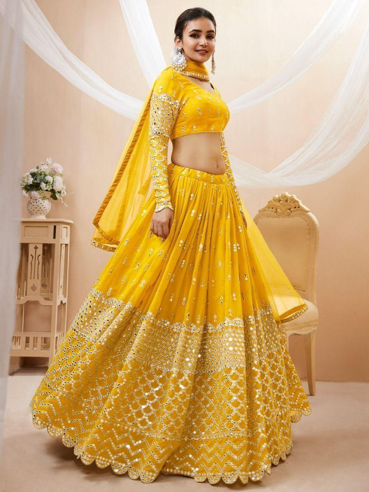Yellow Sequins Georgette Haldi Wear Lehenga Choli