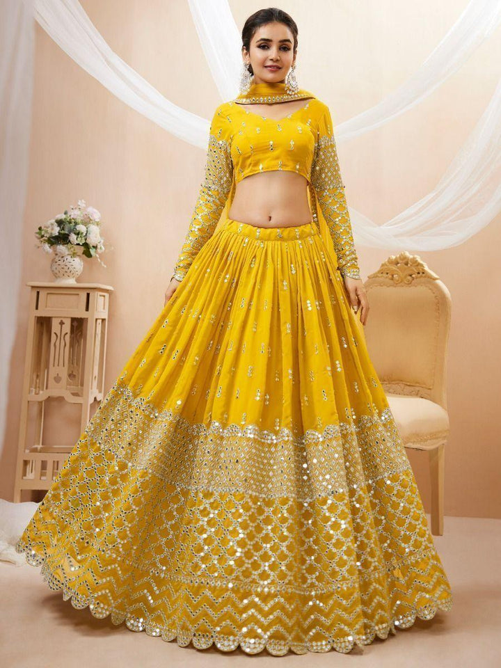 Yellow Sequins Georgette Haldi Wear Lehenga Choli