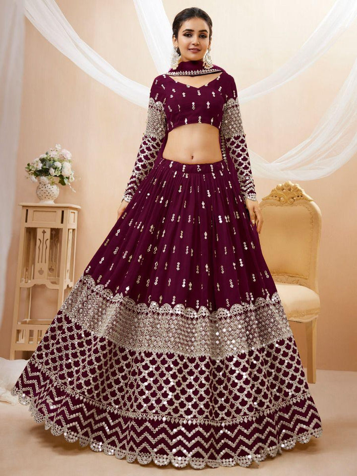 Wine Sequins Georgette Wedding Wear Lehenga Choli