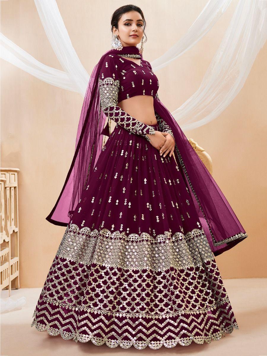 Wine Sequins Georgette Wedding Wear Lehenga Choli