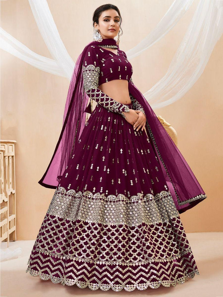 Wine Sequins Georgette Wedding Wear Lehenga Choli