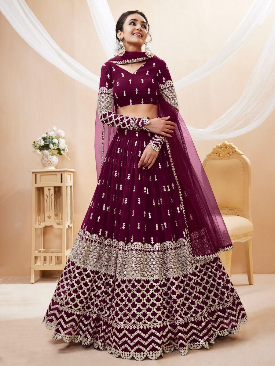 Wine Sequins Georgette Wedding Wear Lehenga Choli